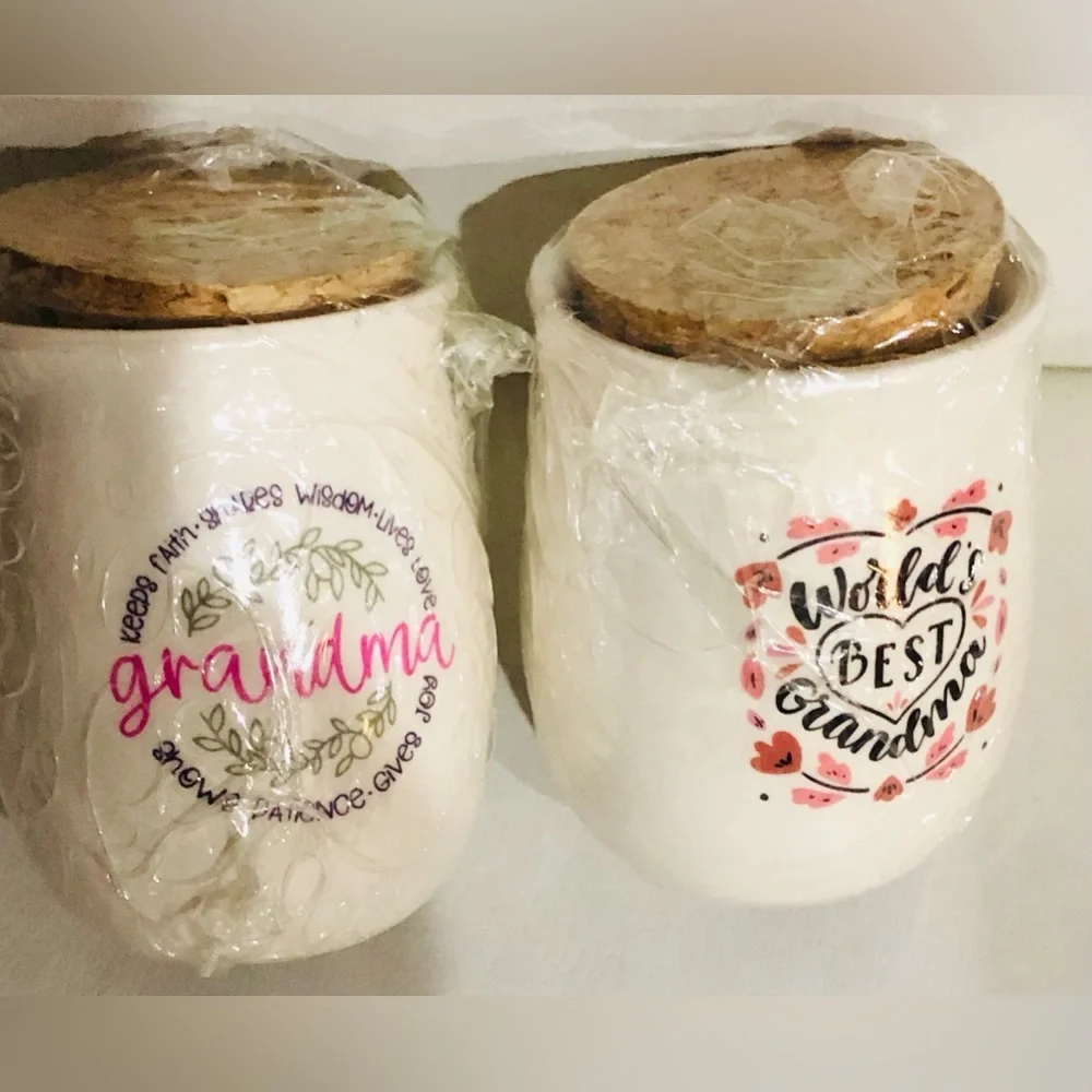 2 world’s best grandma mini cork topped‎ ceramic jars new